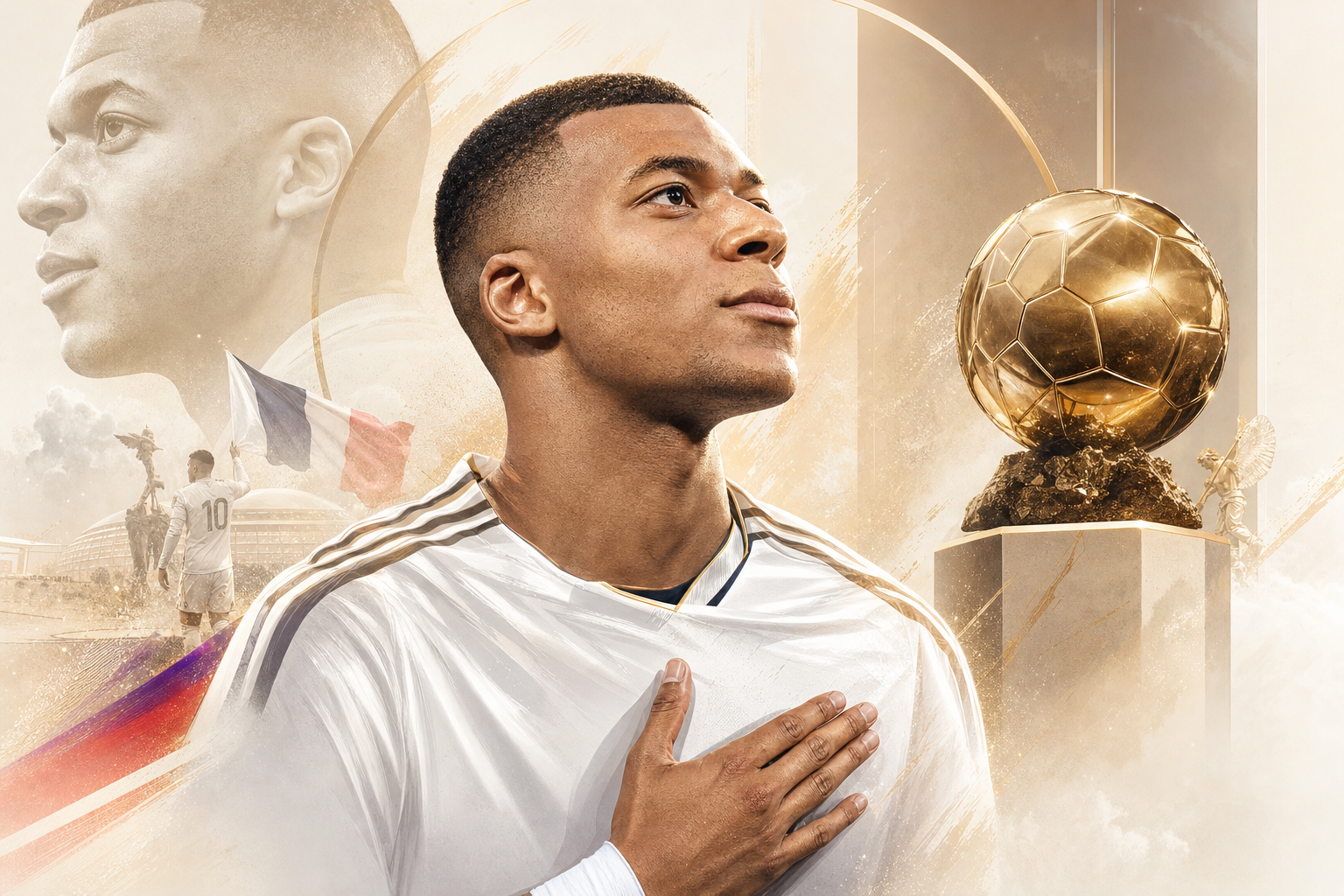 Illustration éditoriale générée par IA pour « Mbappé se positionne comme favori pour le Ballon d'or 2026 »