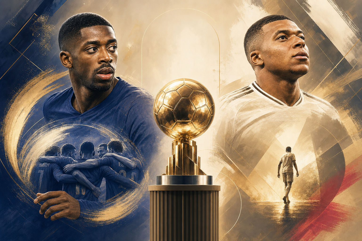 Illustration éditoriale générée par IA pour « Ballon d'or : Mbappé et Dembélé, deux visions du football »