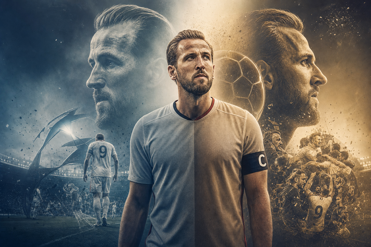 Illustration éditoriale D3 générée par IA — Harry Kane : « 73 buts et toujours un doute : qu’aurait dû faire Harry Kane de plus pour gagner le Ballon d’Or 2026 ? »