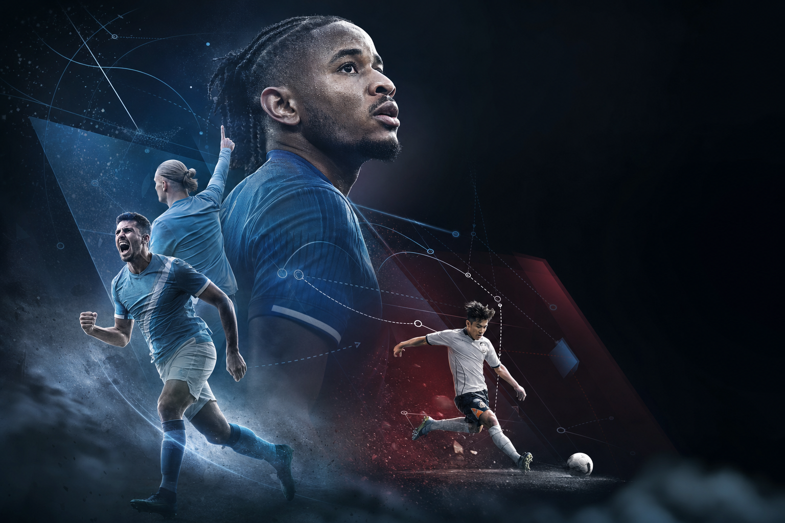 Illustration éditoriale D3 générée par IA : « Nkunku en triplé, City écrase Liverpool : la semaine des outsiders »